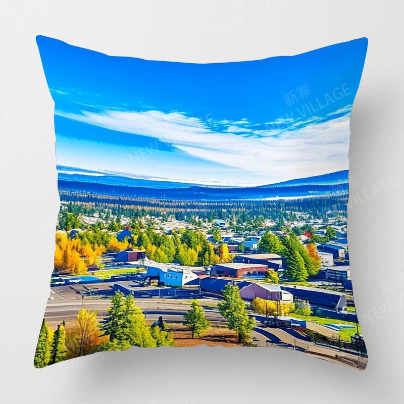 Four Seasons Universal Short Plush Pillow Case Living Room Bedroom Landscape Illustration Architectural Pattern Cushion Cover