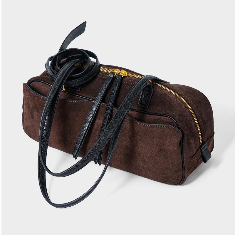 2025 Genuine Coow Leather Suede Bowling Bag Minimalist Luxury Boston Bag Women's Versatile Commuter Top-Handle Shoulder Bag