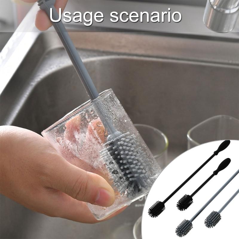 Silicone Bottle Brush With Long Handle For Baby Bottles, Sports Flasks And Glassware Cleaning Black