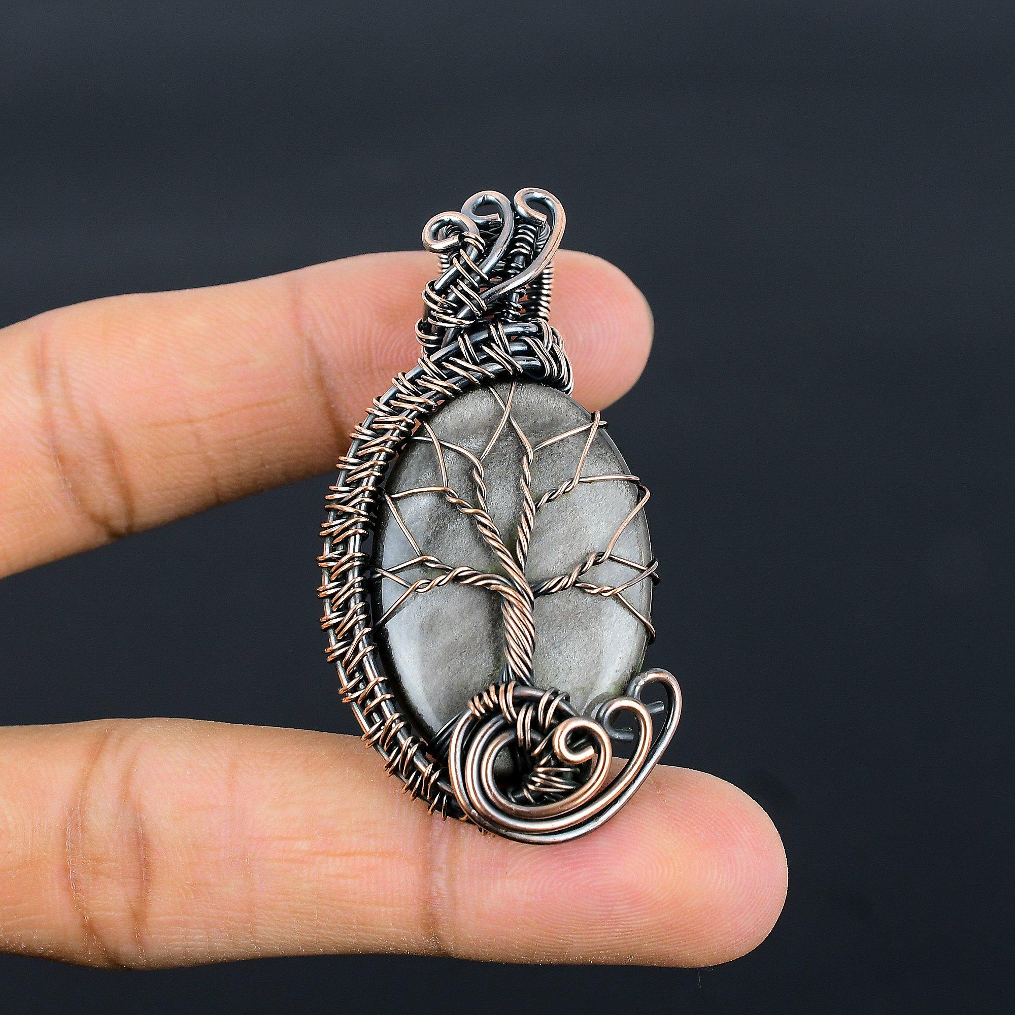 

Silver Sheen Obsidian Pendant, 999 Copper Wire Wrapped Pendant Handmade Gemstone Jewelry, Gifts For Wife Brand New Pendant 2.55 Inches