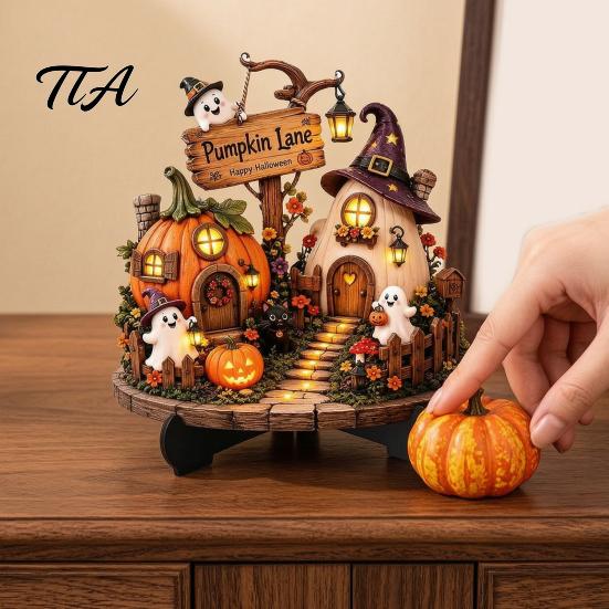 Autumn Seasonal Decorations Halloween Wooden Tabletop Sign, Pumpkin Black Cat Ghost Haunted House Decor Plaque Dining Table Ornaments with Stand,