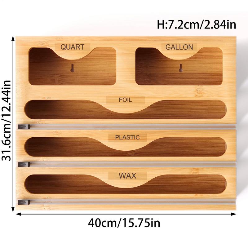 5-in-1 Kitchen Storage Shelf Plastic Wrap Dispenser With Cutter Bamboo Ziplock Bag Organizer Multifunctional Wrap Dispensers