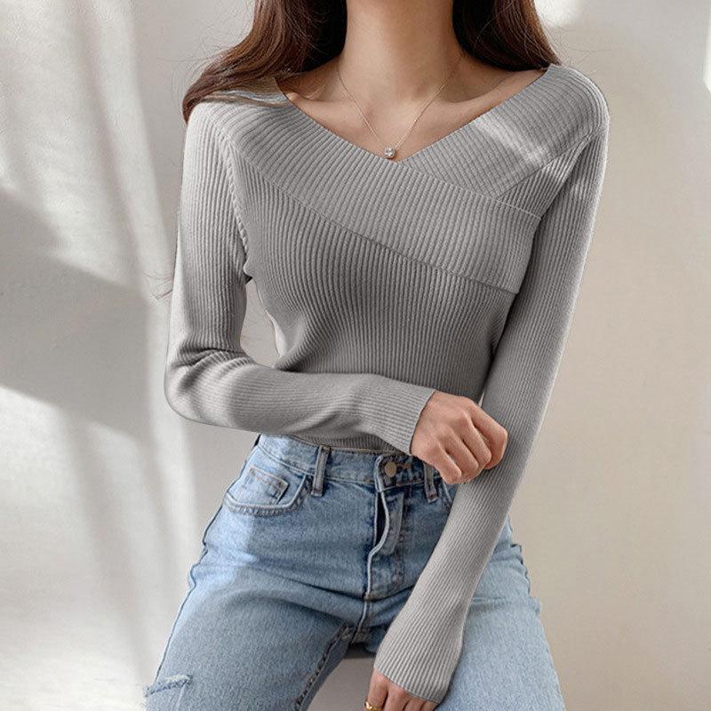 Autumn Winter Off The Shoulder Solid Color Slim Long Sleeve Knitted Tops Women's All Match Chic Sweater