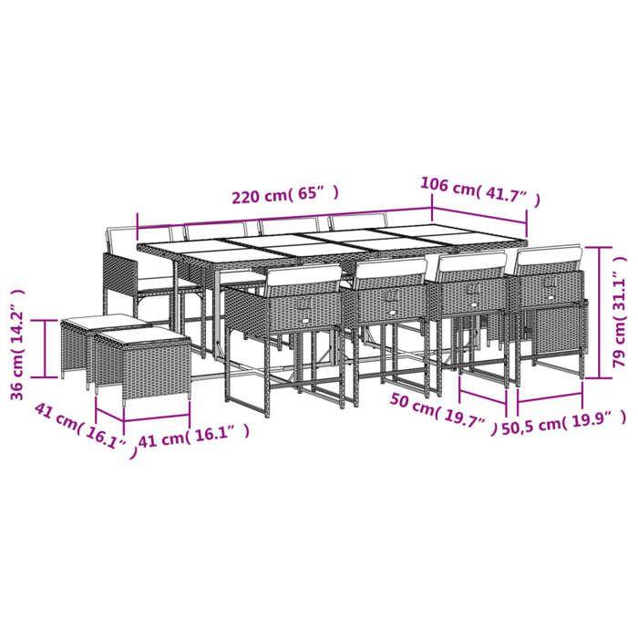 VidaXL Ensemble à Manger de Jardin avec Coussins 13 pcs, Table et Chaises à Dossier Rabattable, Meubles d'Extérieur Patio 3211339