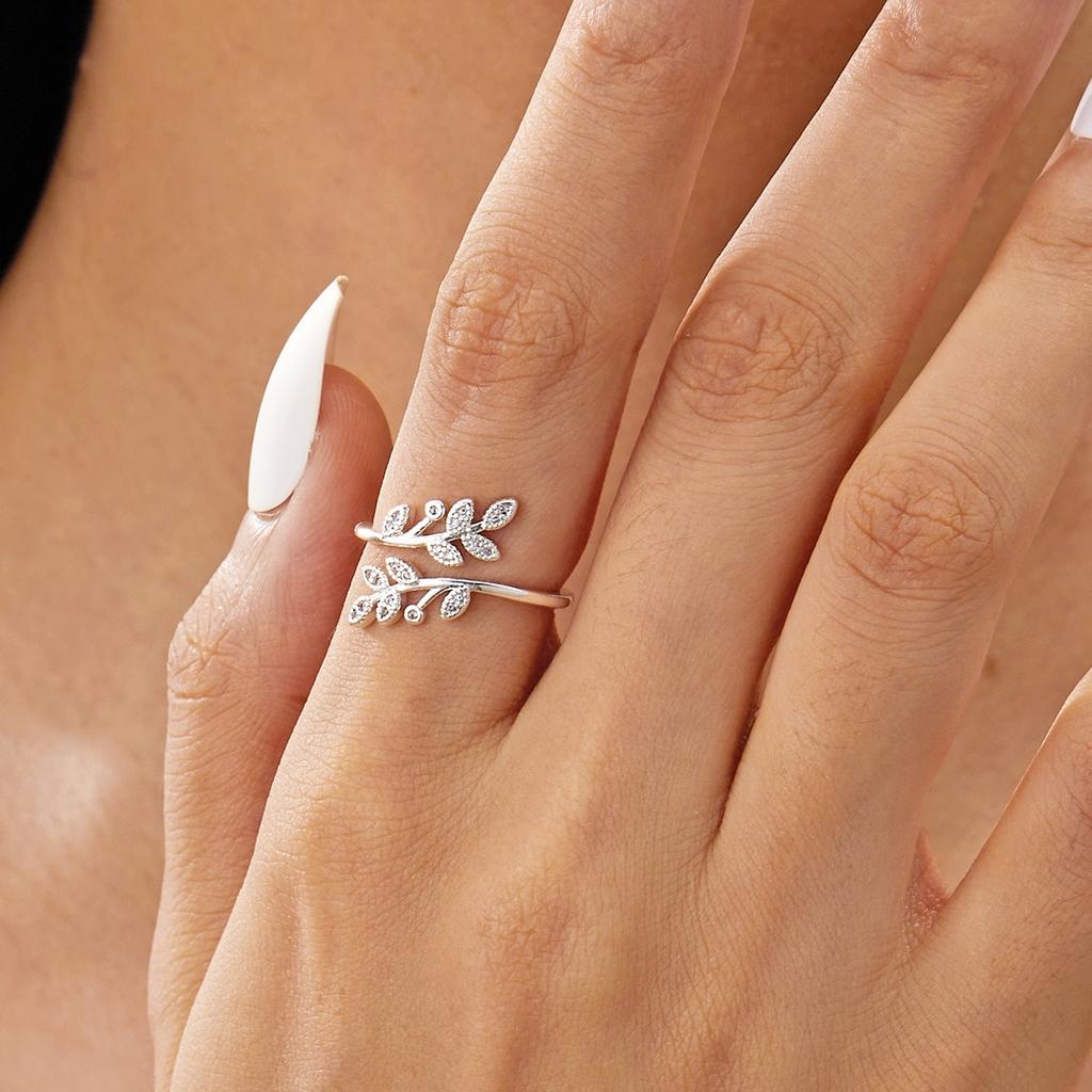 Luxury Trendy Shiny Zircon Branches Leaves Finger Rings For Women Men Temperament Vintage Leaf Opening Rings Wedding Jewelry