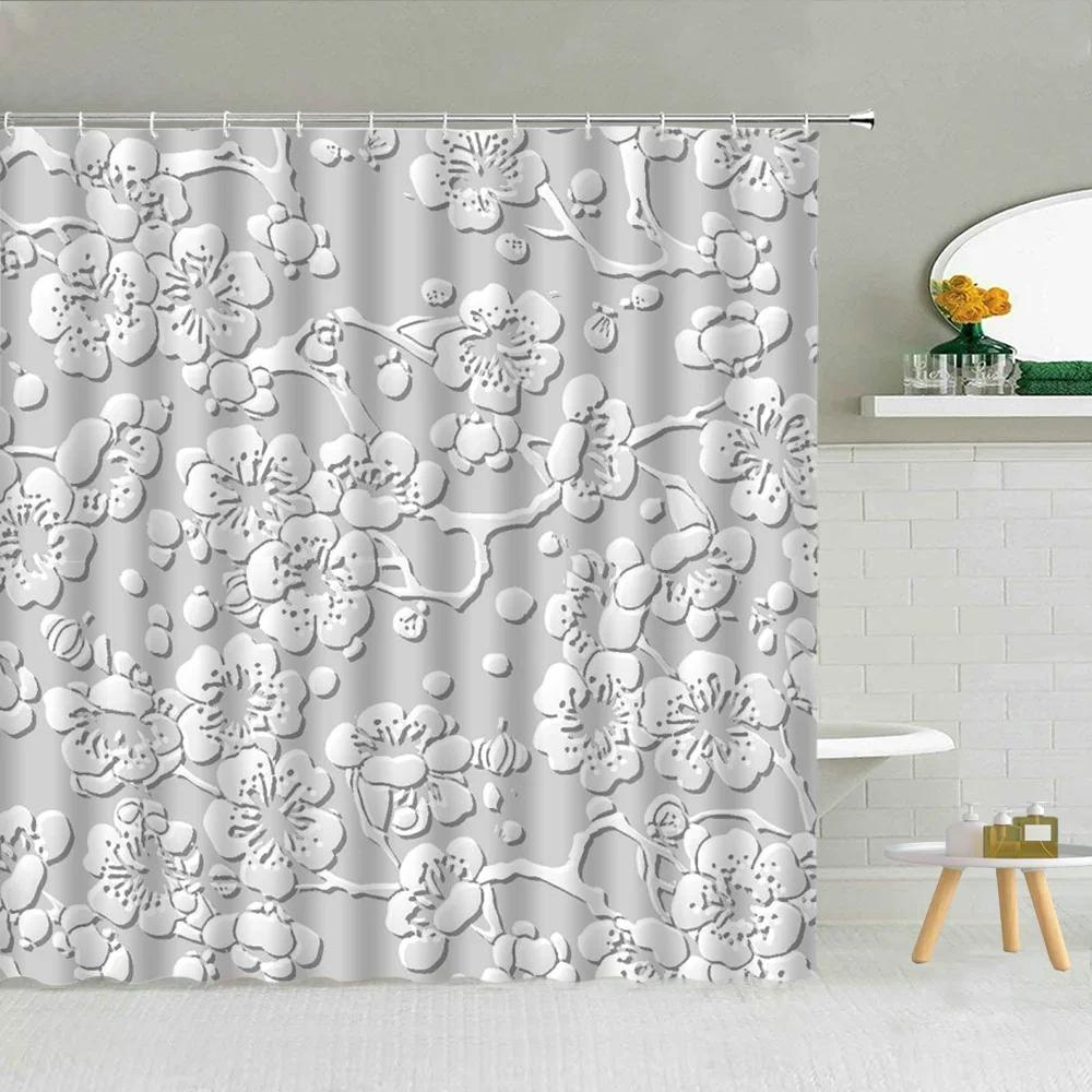 3D Embossed Flower Geometry Shower Curtain Vine Leaves Butterfly European Luxury Waterproof Bathroom Art Decor Hooks Curtains