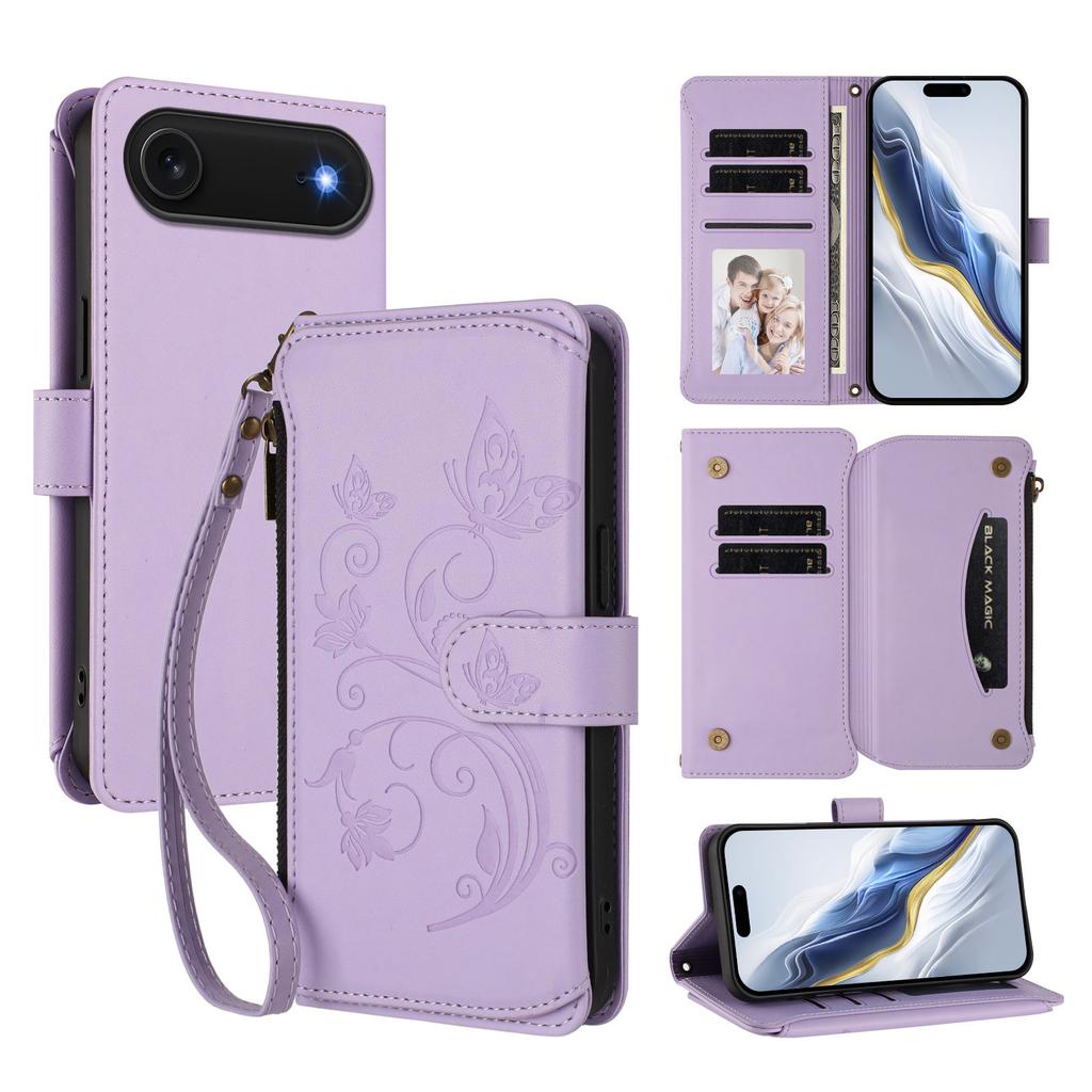 For iPhone 17 Air Leather Case Butterfly Floral Imprint Zipper Wallet Stand Cover with Wrist Strap
