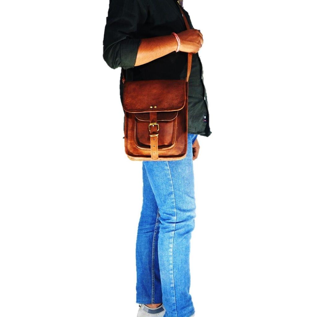 Män Läder Messenger Crossbody Brun I-pad-väska Äkta getläderväska