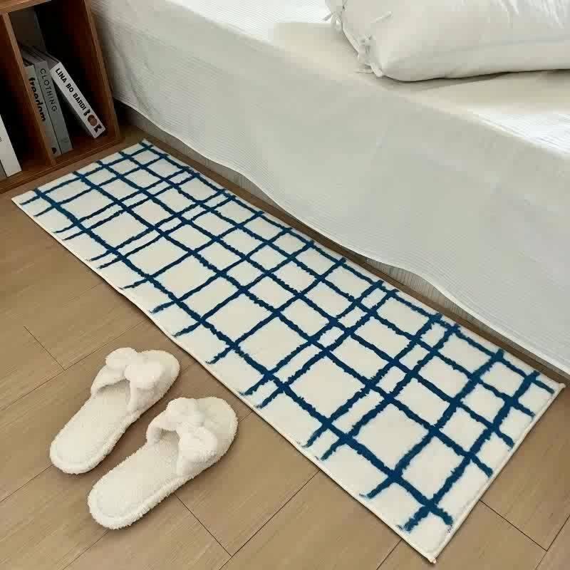 Bedside Carpet for Bedroom Floor Mat Runner Rug Blue Plaid Carpets Fluffy Soft Long Foot Mats Minimalist Home Decoration Rugs
