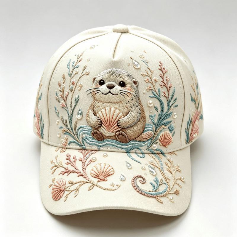 Fashion light green fresh lotus frog print baseball cap, national style three-dimensional hard top cap children's versatile sun hat