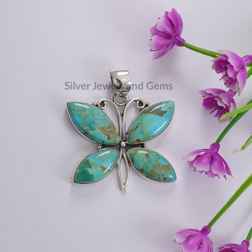 Kingman Turquoise Pendant, Butterfly Pendant, Statement Pendant, 925 Sterling Silver, Gift for Mother, Long Marquise Pendant