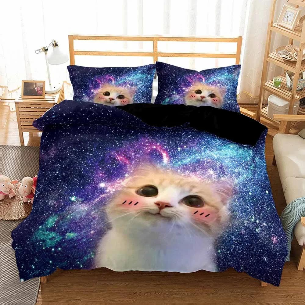 Galaxy Cat Kids Quilt/Duvet Cover With Pillocases Cartoon Animal Comforter Cover Bedding Set Star Sky Pet Child Bed Cover Sets