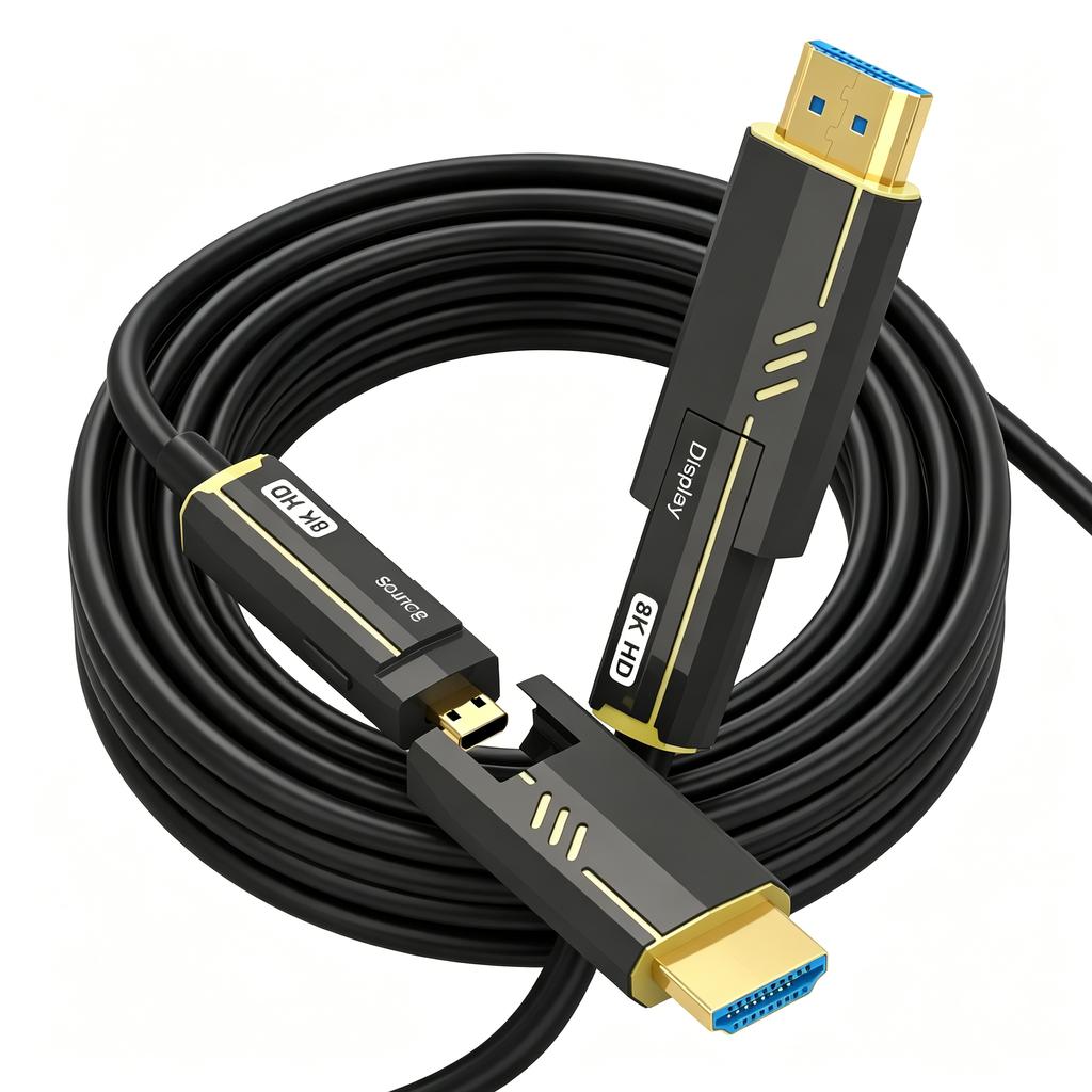 Industrietaugliches Glasfaser-Micro-HDMI zu HDMI 2.1 Kabel mit abnehmbarem Stecker, unterstützt 8K 60Hz & 4K 120Hz Ultra HD Übertragung für Player/PS5/HDTV