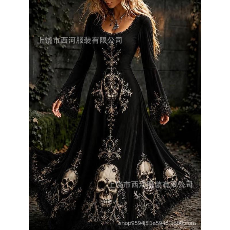 Abito Lungo da Donna con Stampa Sfumata Teschio Rosa Gotico Streetwear di Halloween