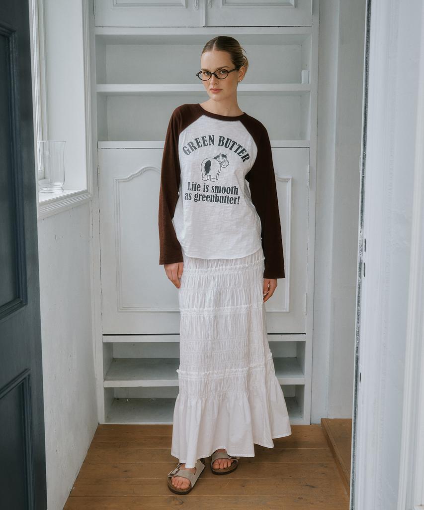 Green Butter Shirring Long Skirt (Ivory)