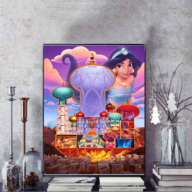 Disney Diamond Painting Jasmine and The Night Castle Illustration Wall Decoration Embroidery Full Diamond Cross Stitch DIY Gift Home Decoration