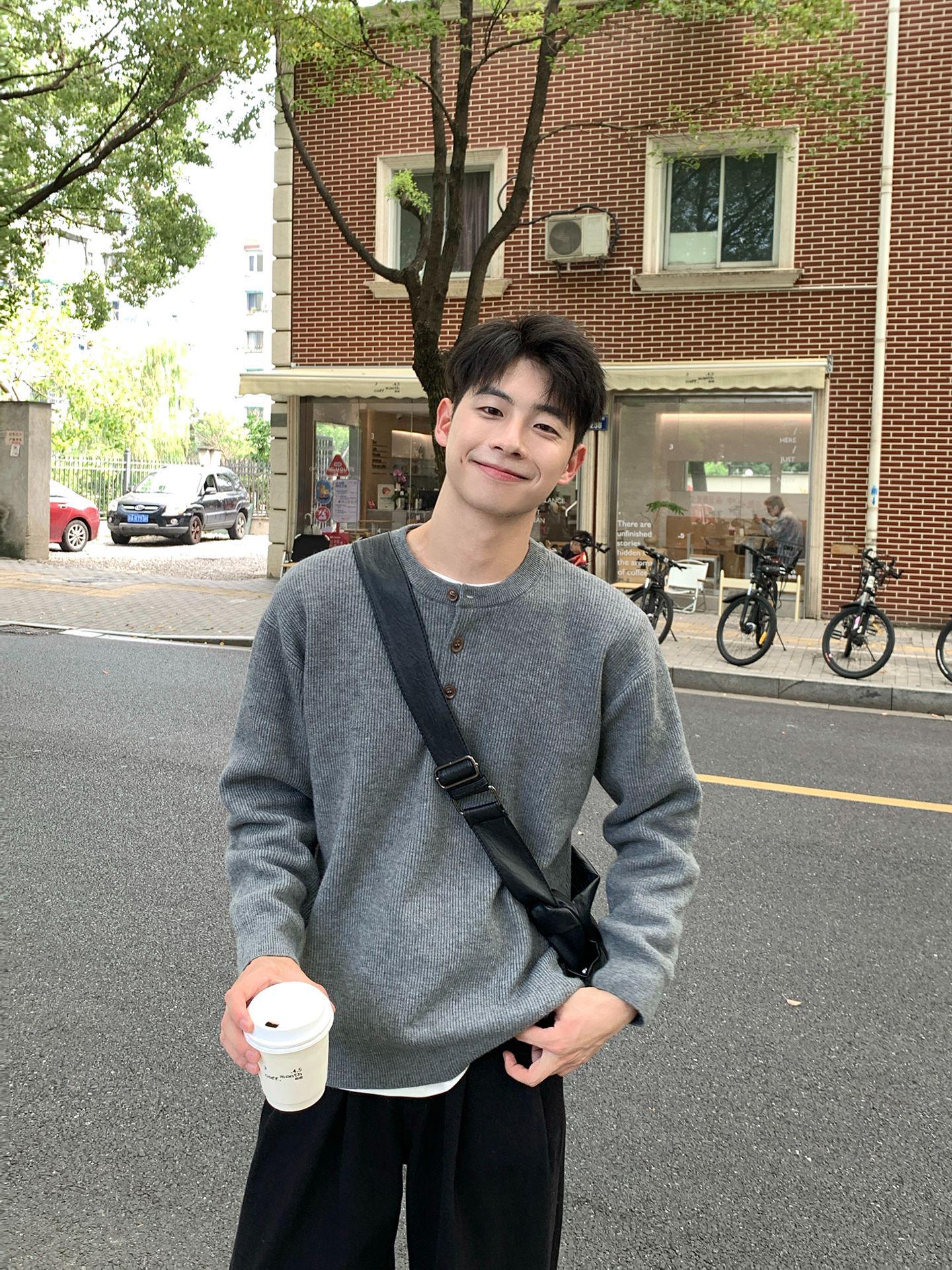 Men s Korean-Style Lazy Henley Collar Sweater - Autumn/Winter 2025 High-End Loose Knitwear M