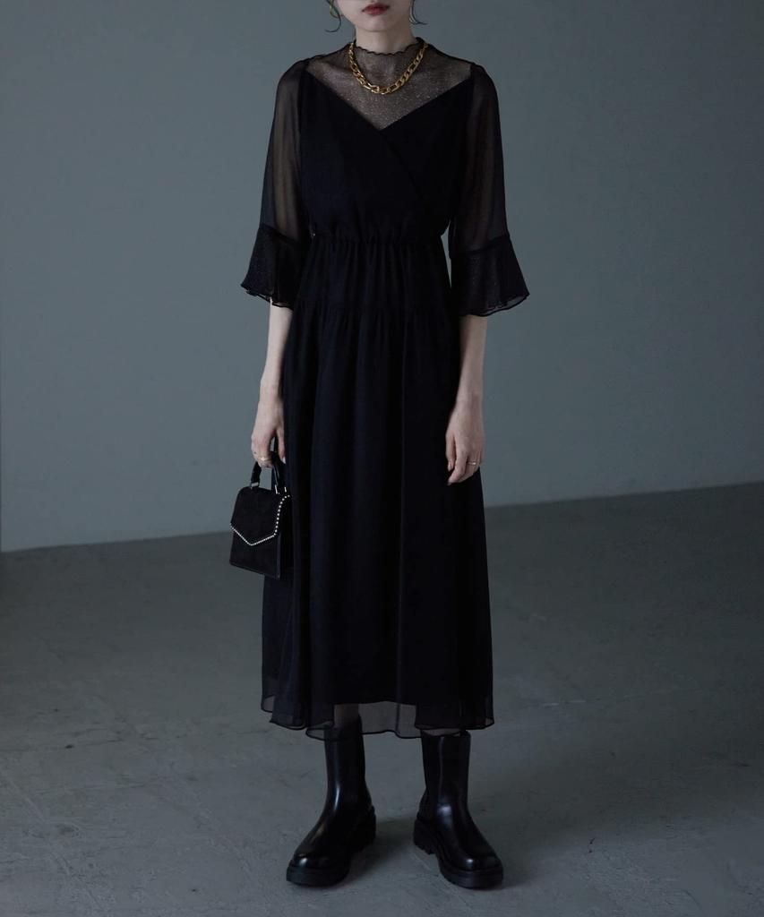 Tulle Chiffon Dress One Piece Black S [Etoll] Lamé Women's Cache-Coeur