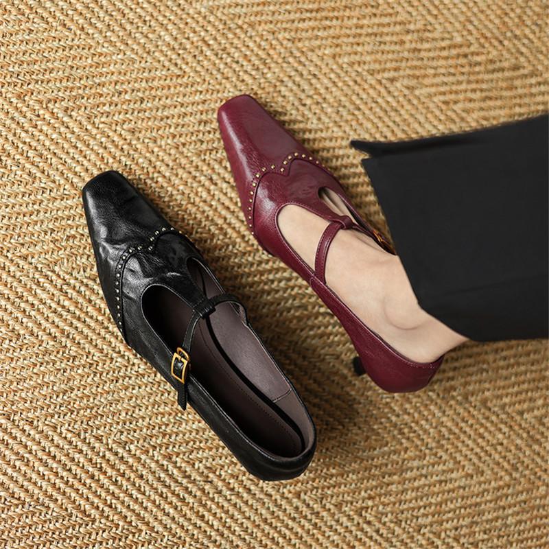 Fashion New Spring/Summer Genuine Leather Women Pumps Shoes for Women Fashion Rivet Square Toe Mary Jane Shoes Women Handmade High Heels