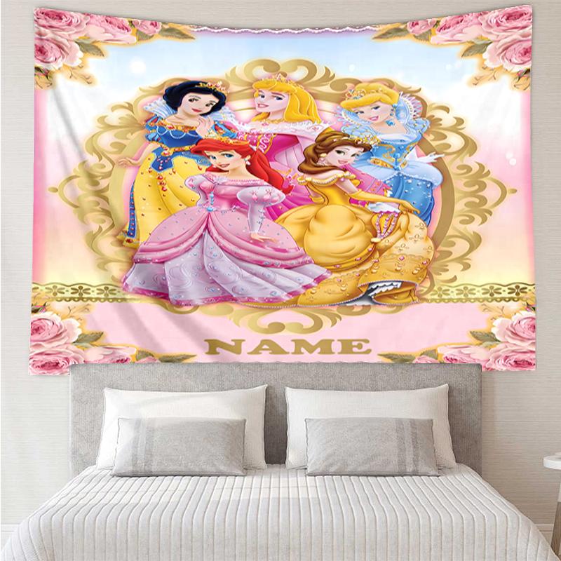 Custom Name Princess Print Tapestry, Backdrop, Easy Setup, Ideal for Bedroom, Office & Living Room, with Aesthetic Wall Hanging Decor.