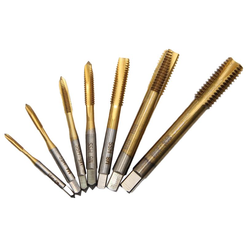 7-teiliger Hochgeschwindigkeitsstahl Schneckenspitzenbohrer M3-M12 Spiralbohrer titannitriert Maschinengewindebohrer Durchgangsloch-Gewindebohrsatz