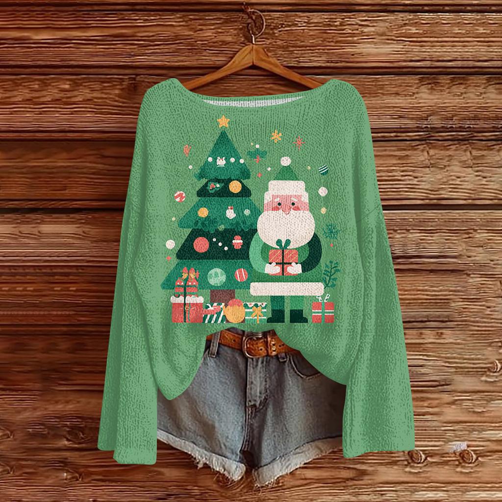 Women's Casual Fashion Round Neck Top Christmas Print Long Sleeve Knit Pullover
