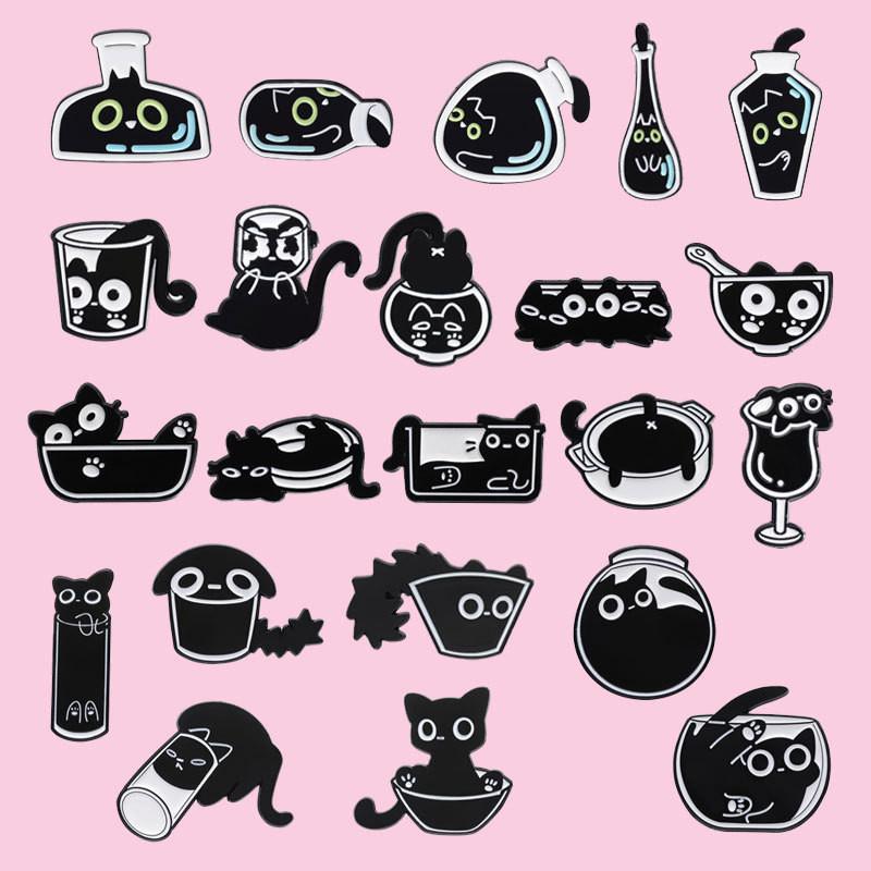 Stylish Cartoon Character Black Cat Brooches Set Charming Metal Accessories For All