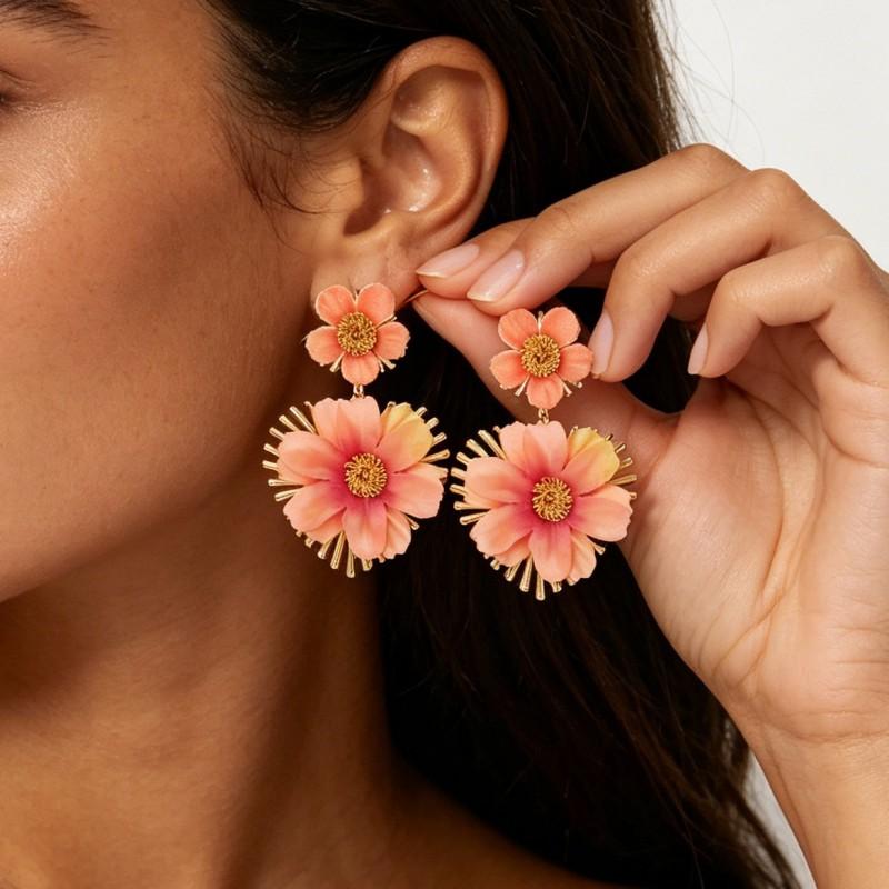 Dopamine Statement Earrings Women Bold Floral Design Ocean Vacation Style Electroplated Iron Multi-Color Options