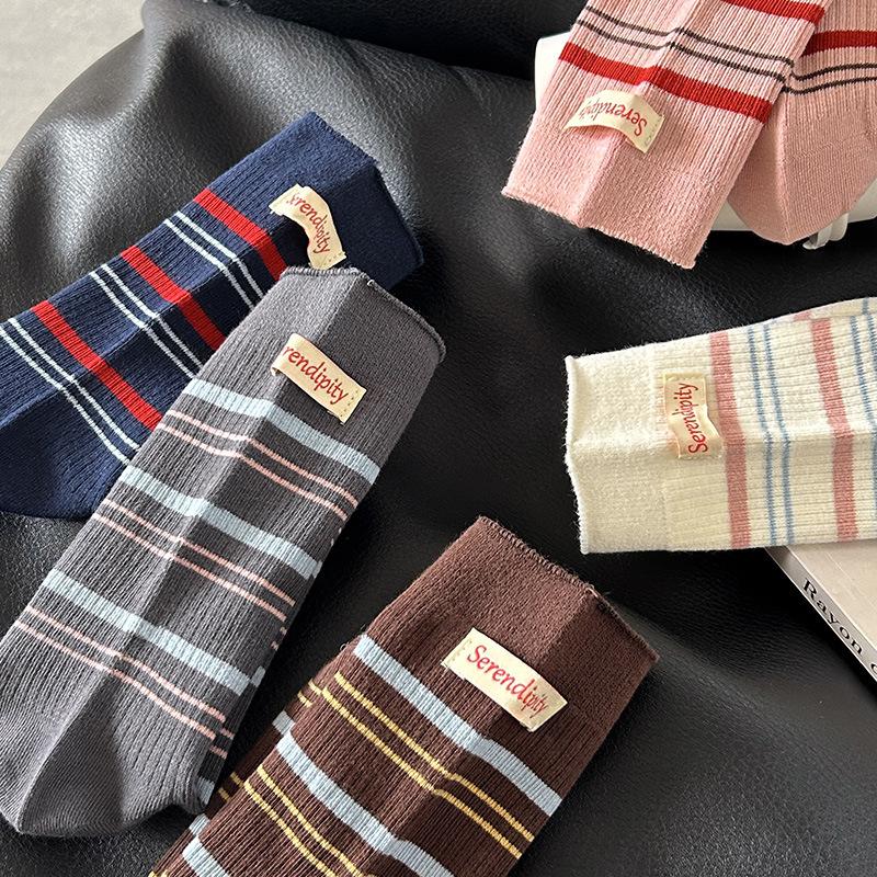 Retro Color-blocking Striped Socks for Women, Mid-calf Socks In Autumn, Trendy Letter-label Pile Socks, Boneless Socks