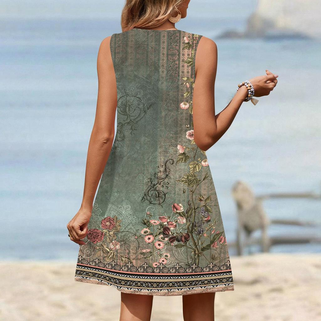 Women's Fashion Printed Summer Sleeveless V-neck Tank Top Pocket Casual Loose Dress