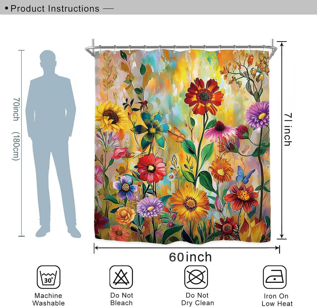 Colorful Flower Blossom Vintage Shower Curtain Set 60Wx71H Inches Art Oil Painting Retro Botanical Polyester Waterproof