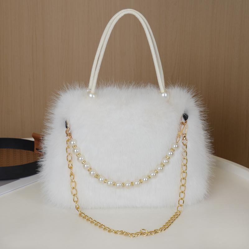Fake Fox Fur Handbag Adorned with Fake Pearls Soft and Comfortable High-end Texture Large Capacity Women's Messenger Bag
