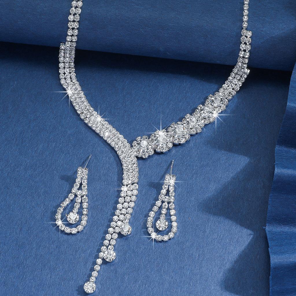 3PC Women's Fashion Copper Claw Chain Series Geometric Tassel Necklace Earrings Zircon Set Wedding Banquet Party Holiday Gift