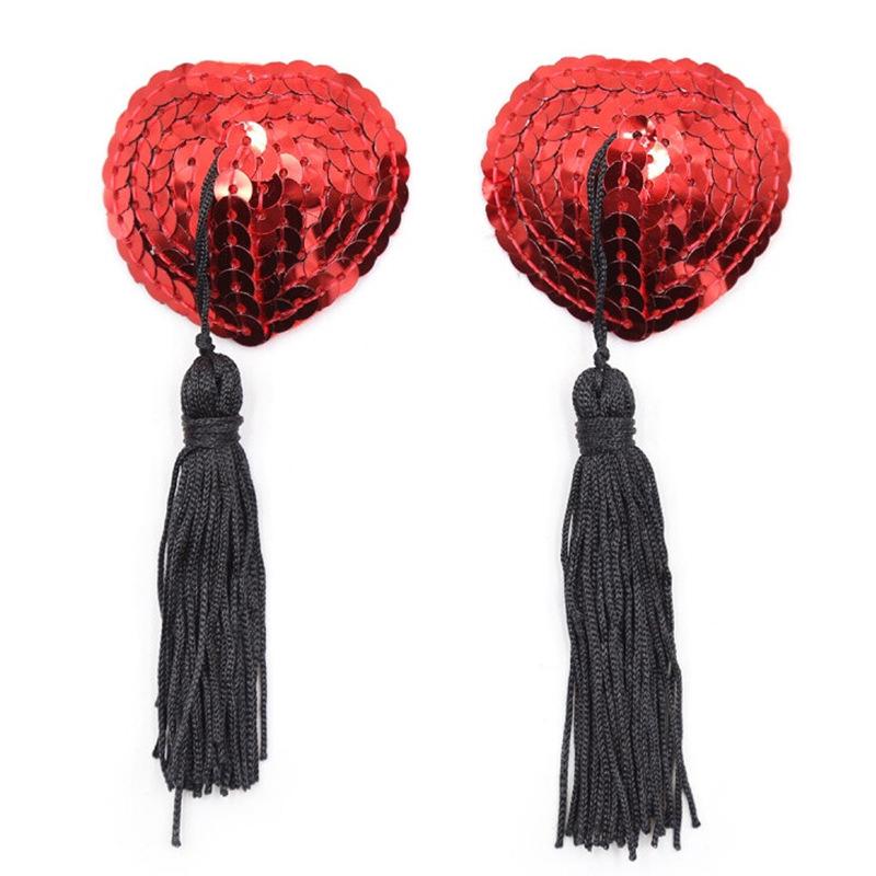 Heart-Shaped Sequined Nipple Covers with Tassels - Silicone Pasties Lingerie Accessories