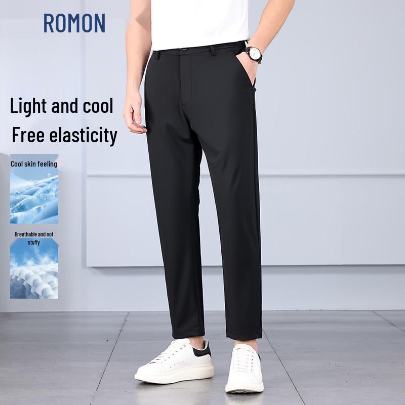 ROMON Men s Ice Silk Business Casual Slim Fit Cropped Pants 32