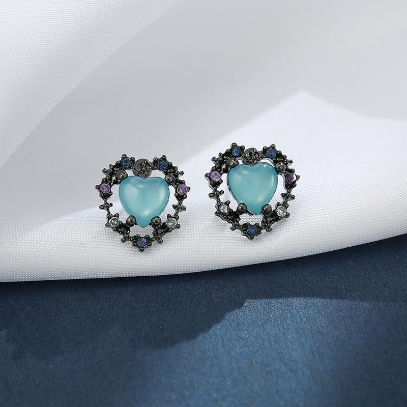 

925 Silver Needle Black Heart & Haze Blue Crystal Korean Earrings Ear Clips