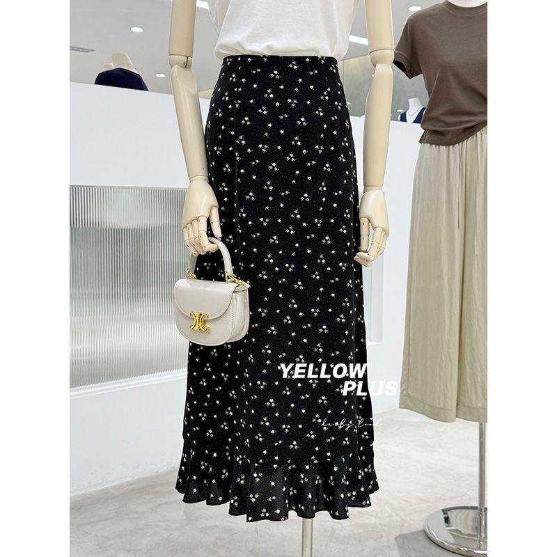 

Elegant Young Style Black Floral Skirt Cool Feeling Skin-friendly Unique Beautiful Fishtail Long dress 2025 Popular Item Small floral dot M