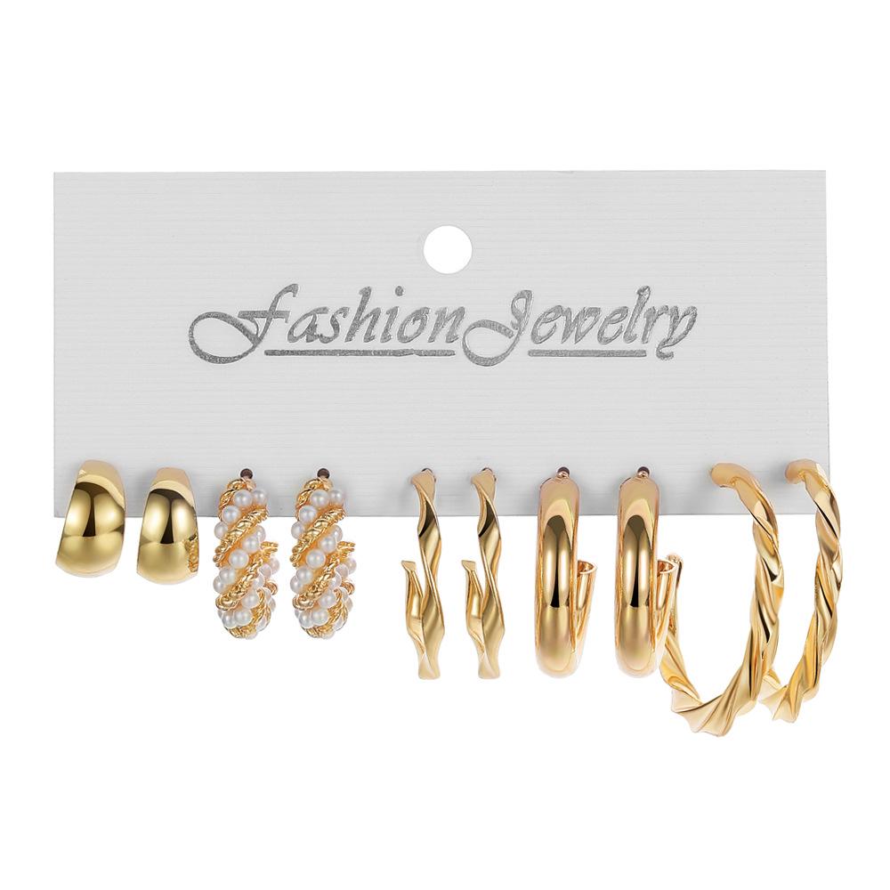 Inlagda pärlörhängen för kvinnor: Kreativ Fransk Retro Guldringar Set (6 stycken)