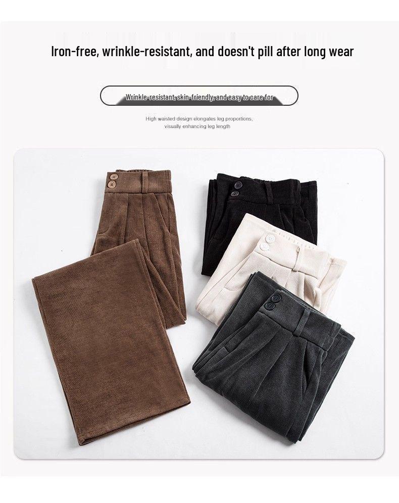 Women's Dark Grey Wide-Leg Cotton Velvet Pants - Korean Style, Autumn/Winter 2026.