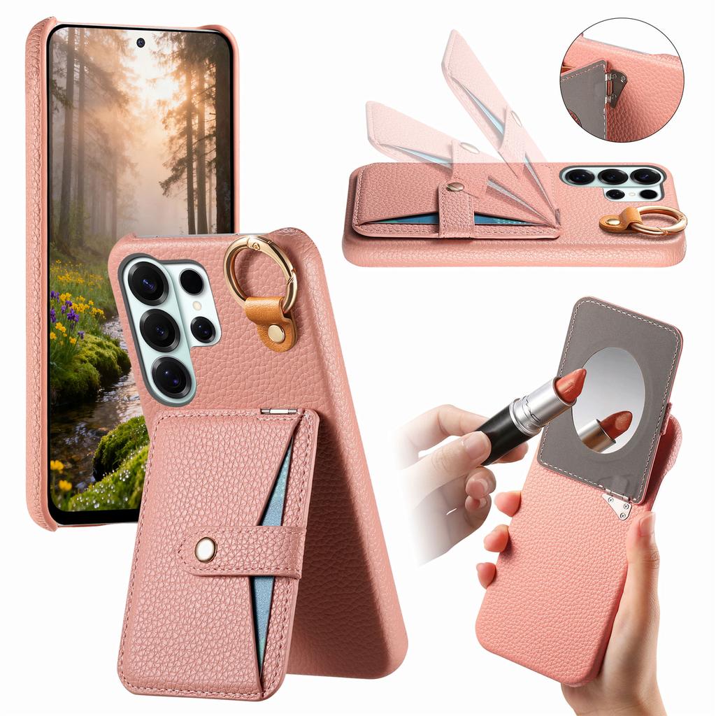 Card Solt Ring  Holder Leather Case For Samsung S26 Ultra S25 S24 Plus S23 S22 A17 A07 with Makeup Mirror Shockproof Stand Cover