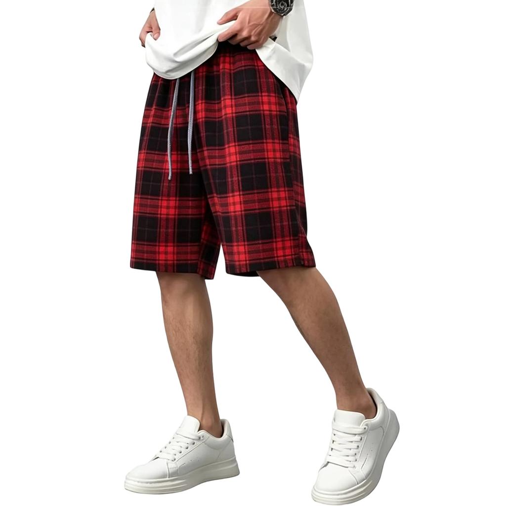 Men Drawstring Waist Plaid Print Casual Shorts Relaxed Fit Lightweight Breathable Fabric Knee Length Summer Bottoms