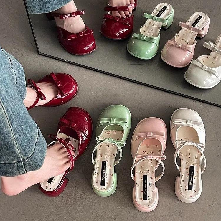 Sommer Schmetterlingsknoten Zehenabdeckung Damen Hausschuhe Elegant Dicker Absatz Kleid Pantoletten Damen Prägnant Tanzparty Ballschuhe