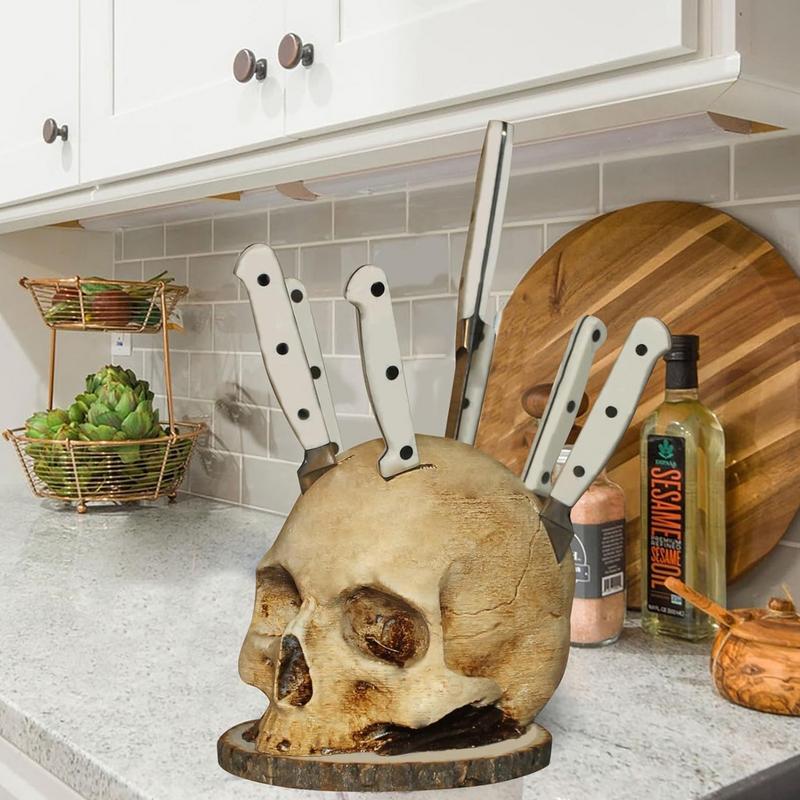 Skull Knife Holder for Kitchen, Skeleton Knife Stand, Horror Kitchen Storage Head Rack Kitchen Fruit Storage Rack Decoration