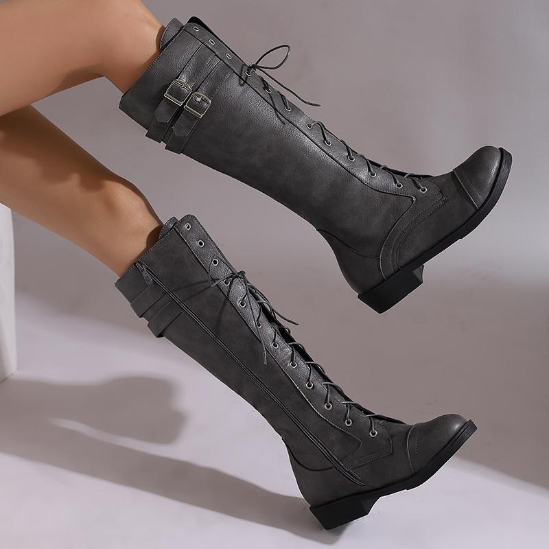 Plus Size Kors Snörning Sidodragkedja Street Trend Knähöga Stövlar Låg Klack Rund Tå Dubbel Rad Spännen Klassiska Dam Långskaftade Stövlar