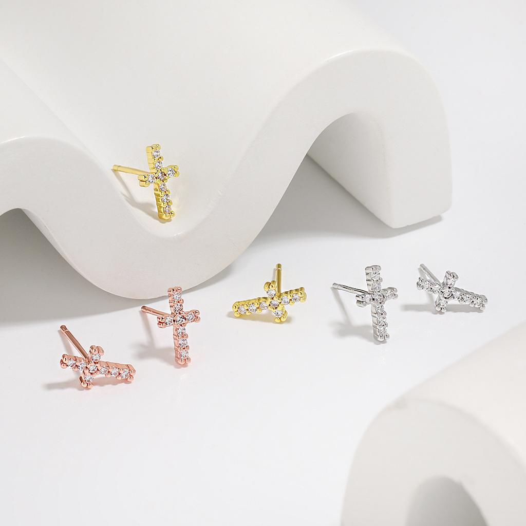 Puncture Anti-allergic Earrings, Japanese and Korean Version of Simple Mini Full Diamond Cross Earrings