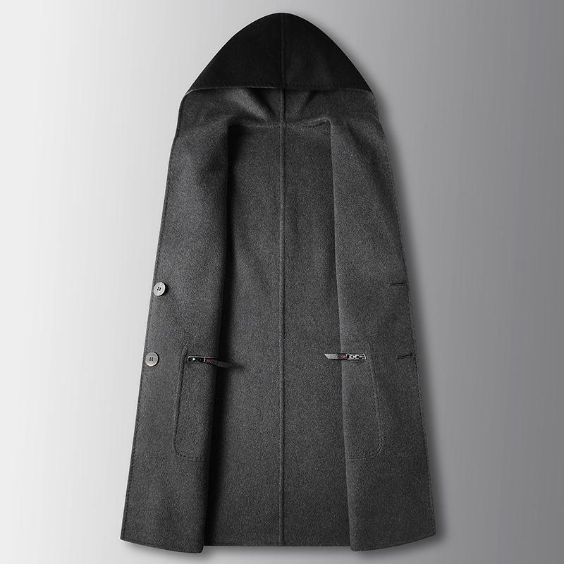Cappotto Trench in Lana Medio-Lungo con Cappuccio Autunnale e Invernale Indossabile su Entrambi i Lati per Uomo di Mezza Età e Giovane Business Cappotto Casual Double-Face