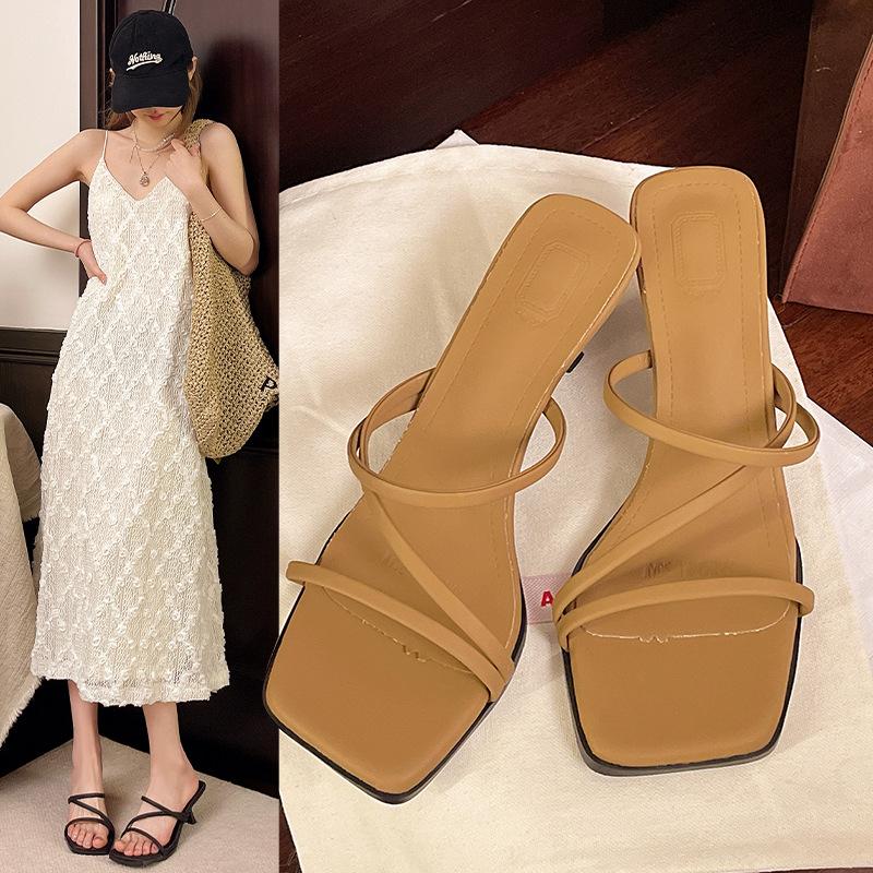 French Premium! Beige One-word Strap Sandals Women's Spring and Summer Square Head Stiletto High Heels