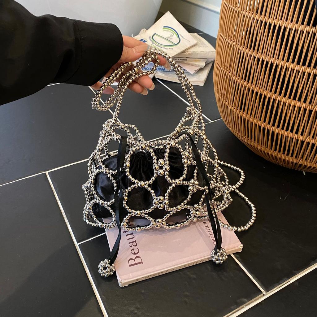 Fashionable Versatile Beaded Handbag with Hollow Interior for Mobile Phone, Light and Elegant Cross-body Bucket Bag