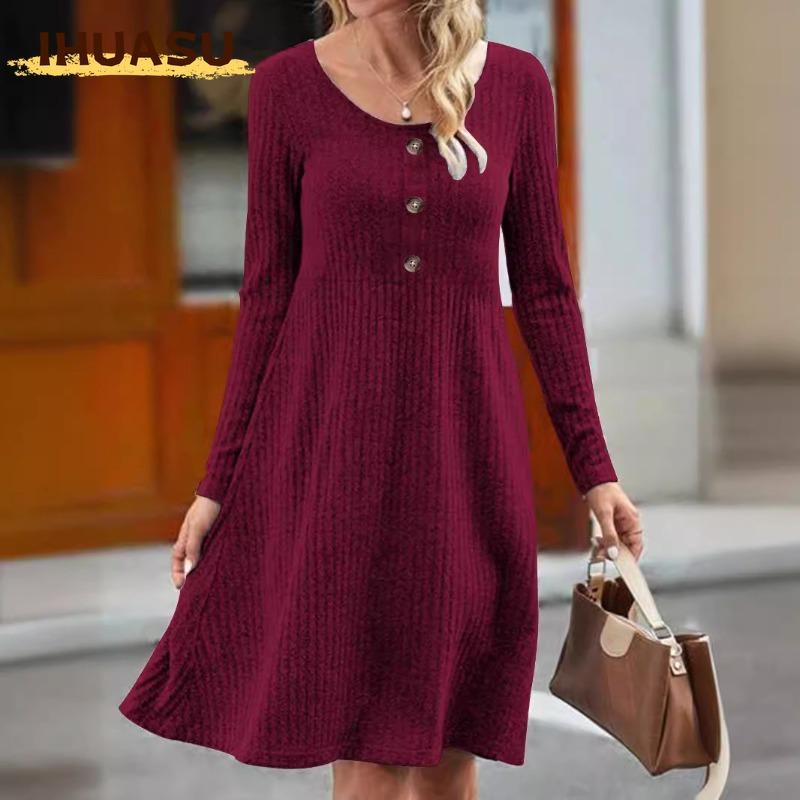 IHUASU Fashion Autumn Winter Solid Color Print Long Sleeve U-Neck Casual Dresses