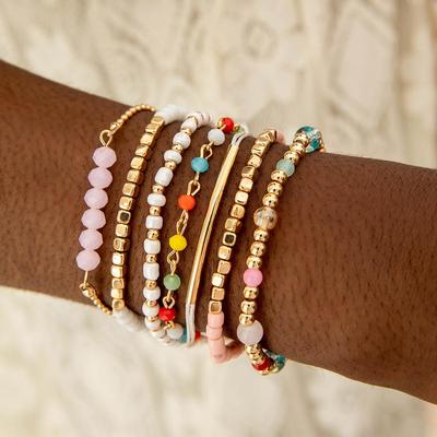 Bohemian Stijl Kleurrijk Rijstkorrel CCB Zeven Delig Armband Dopamine Elastische Armband Set voor Vrouwen